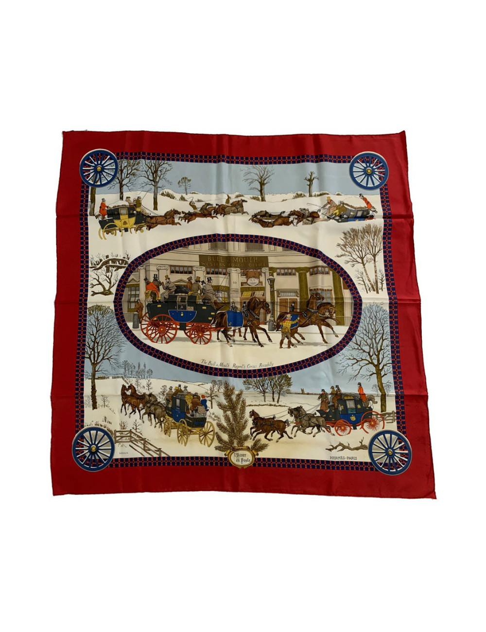 Carré HERMES L'hiver en Poste bord rouge