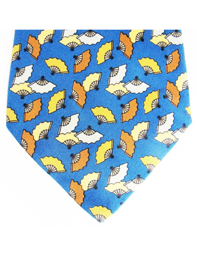 Cravate bleu HERMES avec imprimés éventails