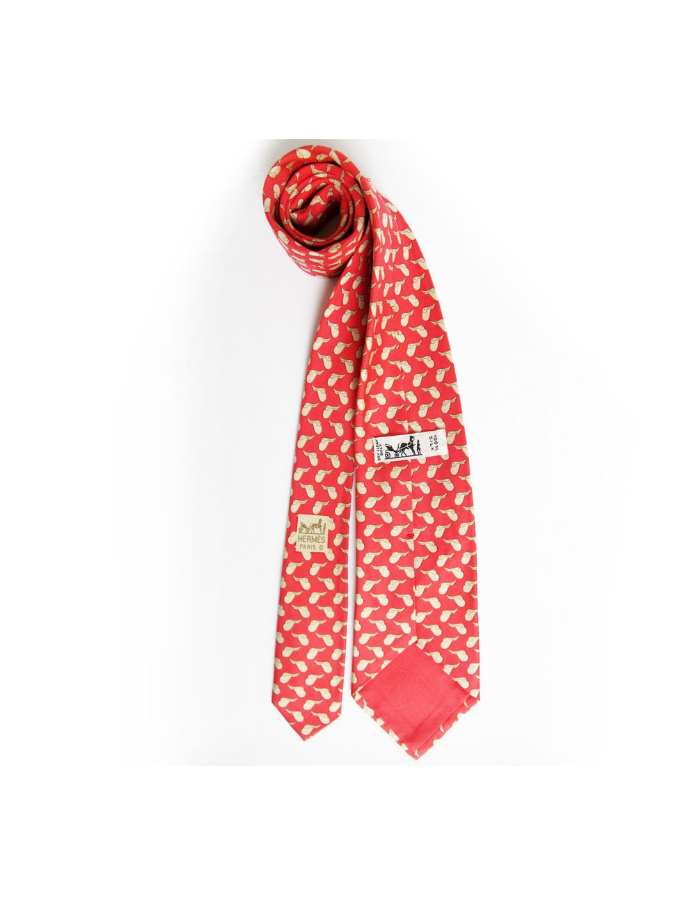 Cravate HERMES rouge en soie motifs selles