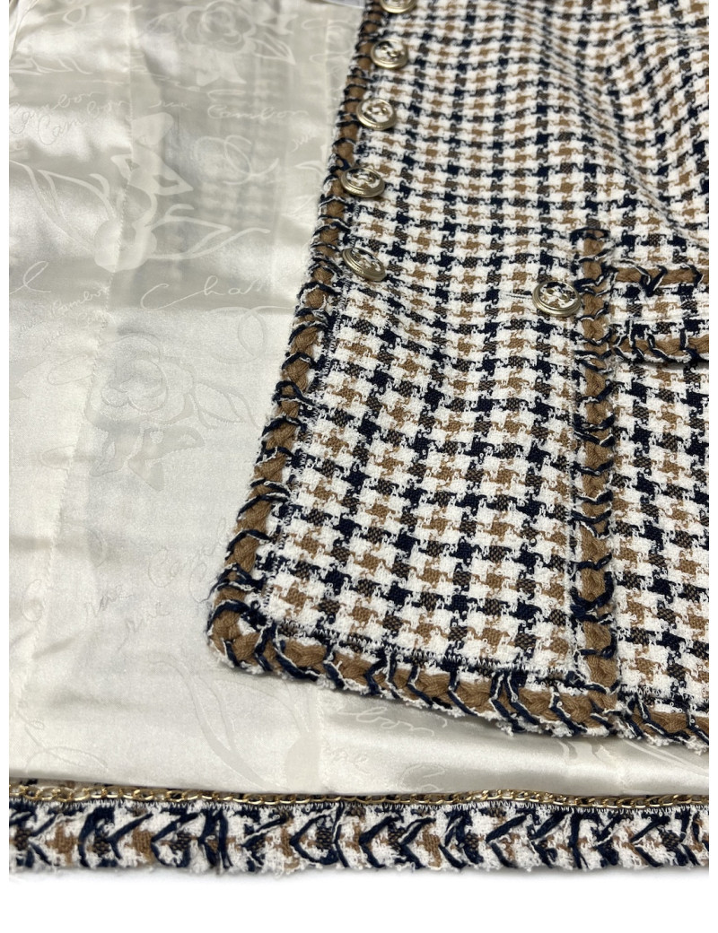 Veste CHANEL T40 pied de poule beige bleu blanc