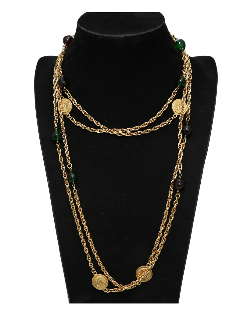 Sautoir CHANEL Gripoix pâte de verre rubis émeraude