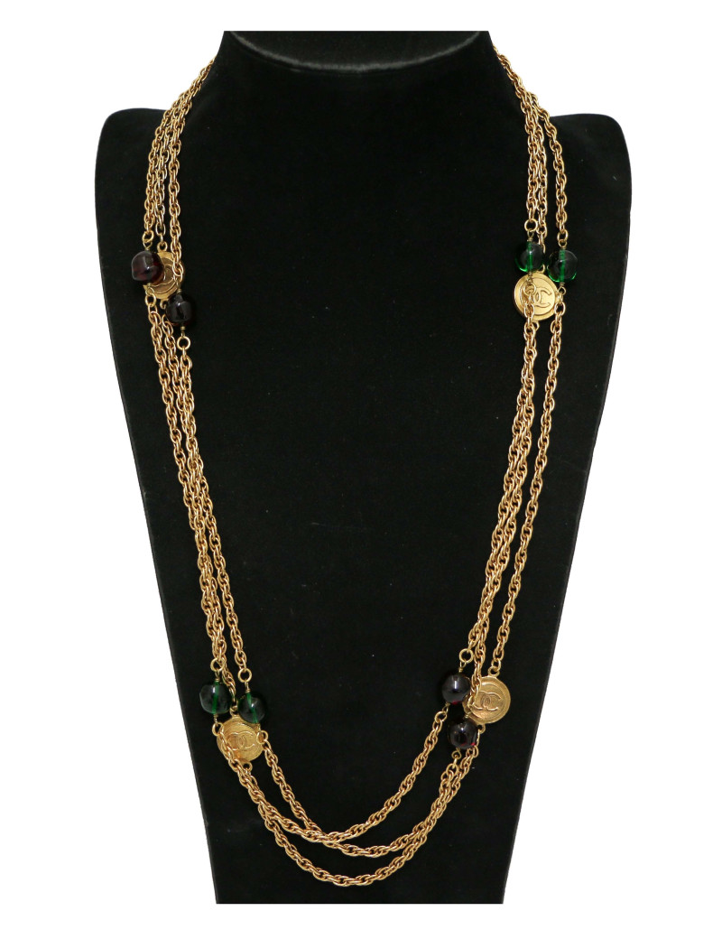 Sautoir CHANEL Gripoix pâte de verre rubis émeraude