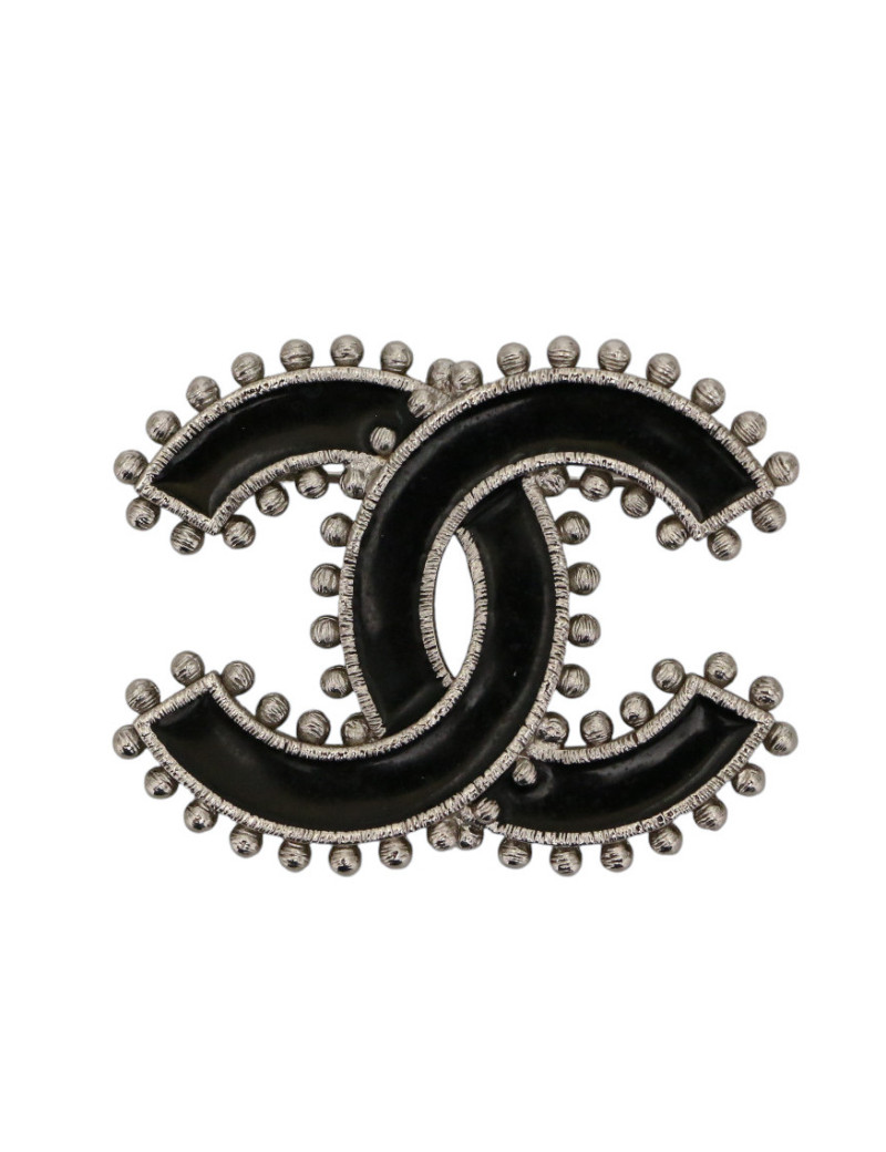 Broche CHANEL CC émail noir et argent