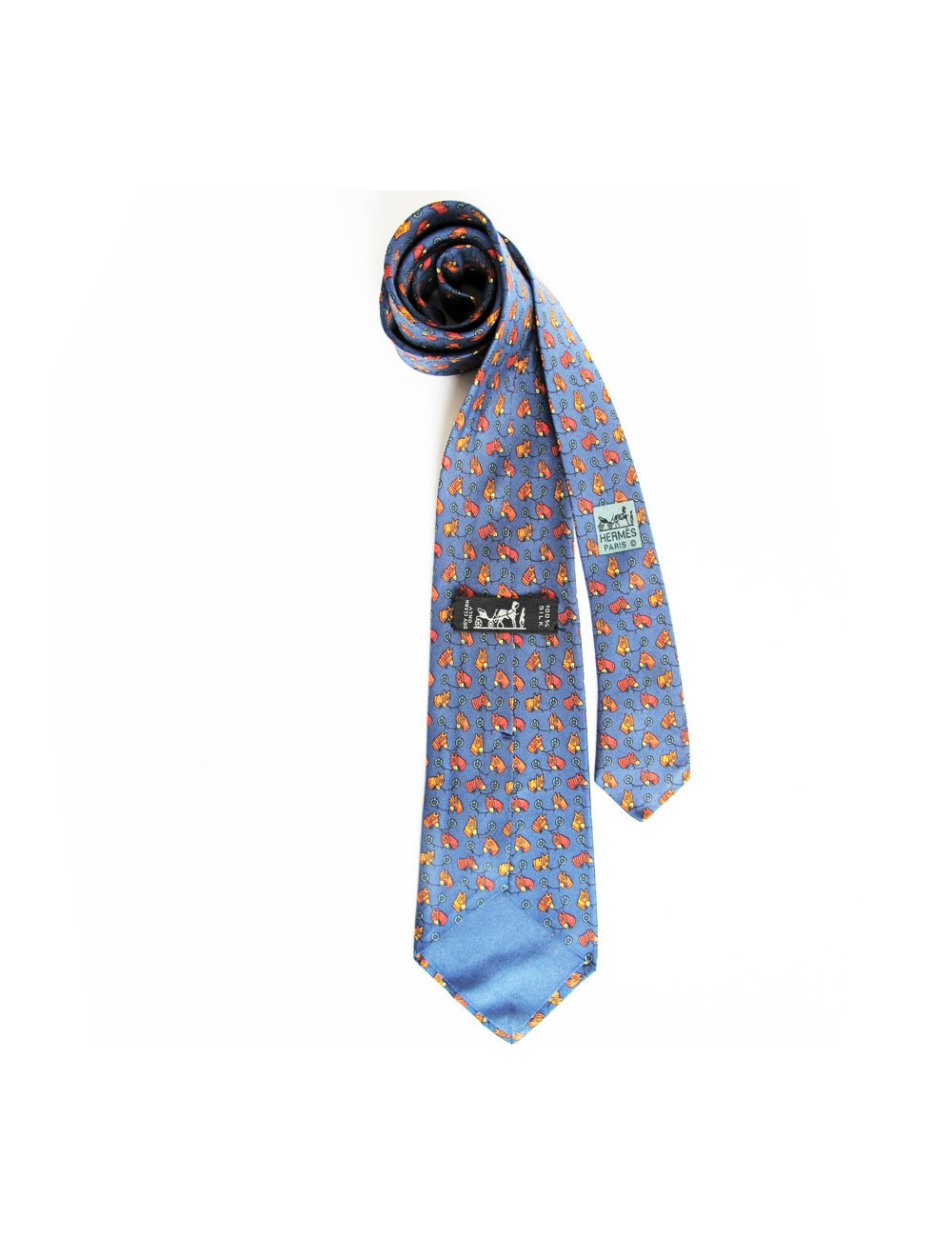 Cravate HERMES en soie bleu motifs chevaux