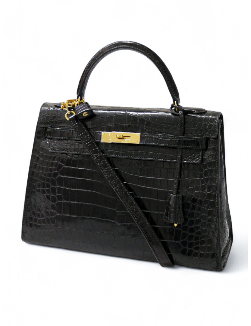 Sac vintage Kelly 32 HERMES croc noir