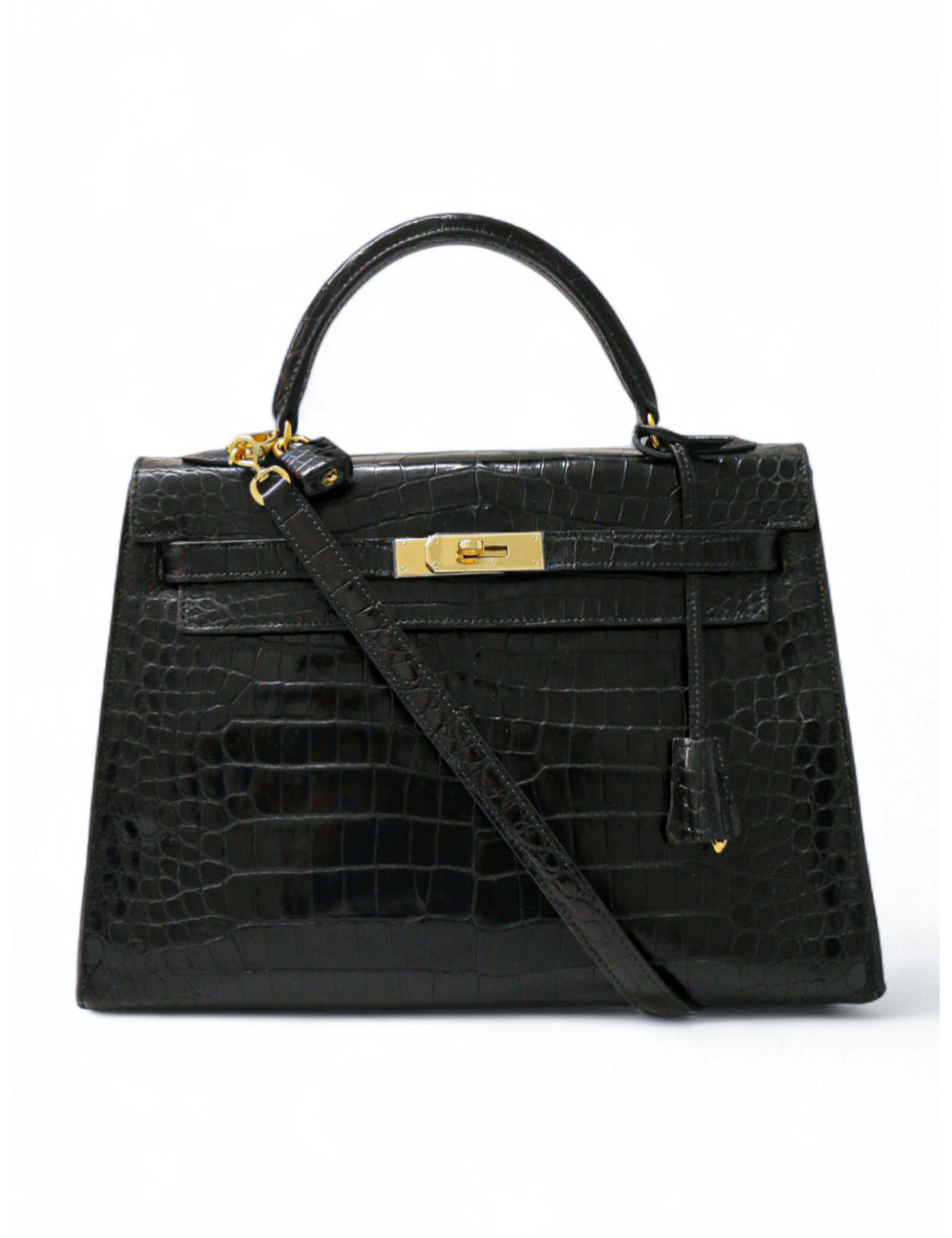 Sac vintage Kelly 32 HERMES croc noir