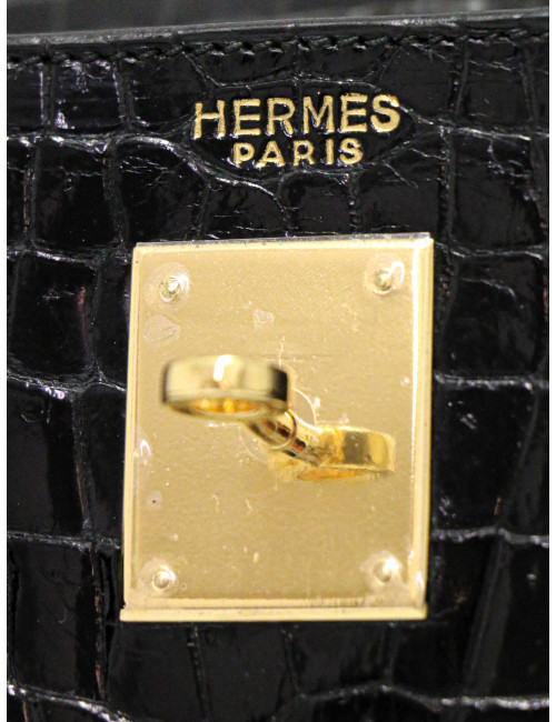 Sac vintage Kelly 32 HERMES croc noir