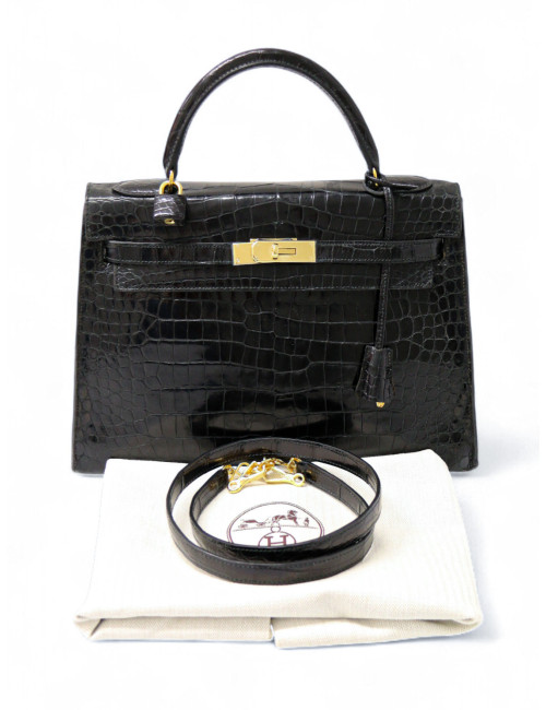 Sac vintage Kelly 32 HERMES croc noir