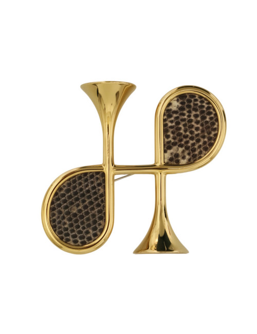 Broche HERMES Cor H lézard et métal doré