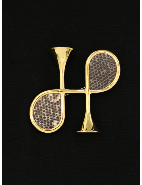 Broche HERMES Cor H lézard et métal doré