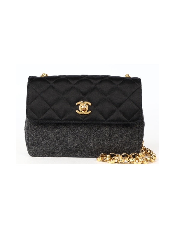 Sac vintage CHANEL laine grise et satin noir