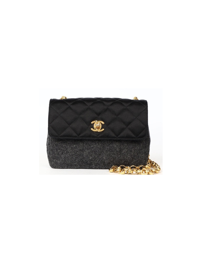 Sac vintage CHANEL laine grise et satin noir
