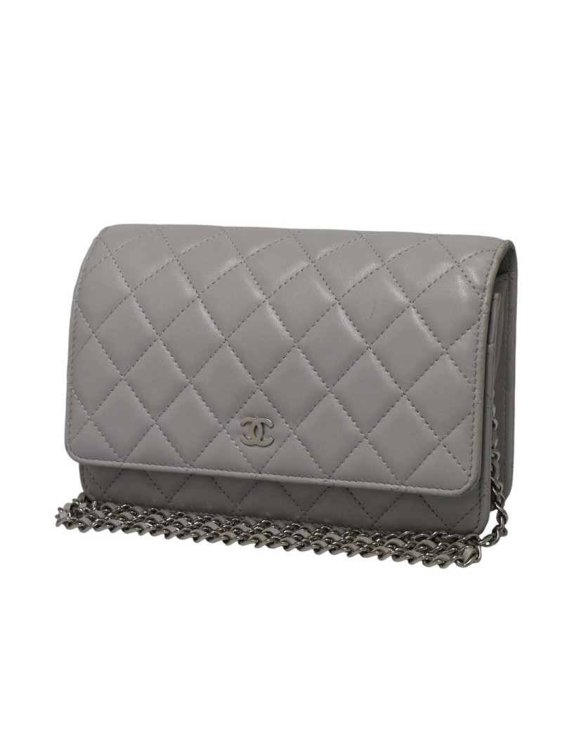 Wallet on chain gris Chanel cuir d'agneau