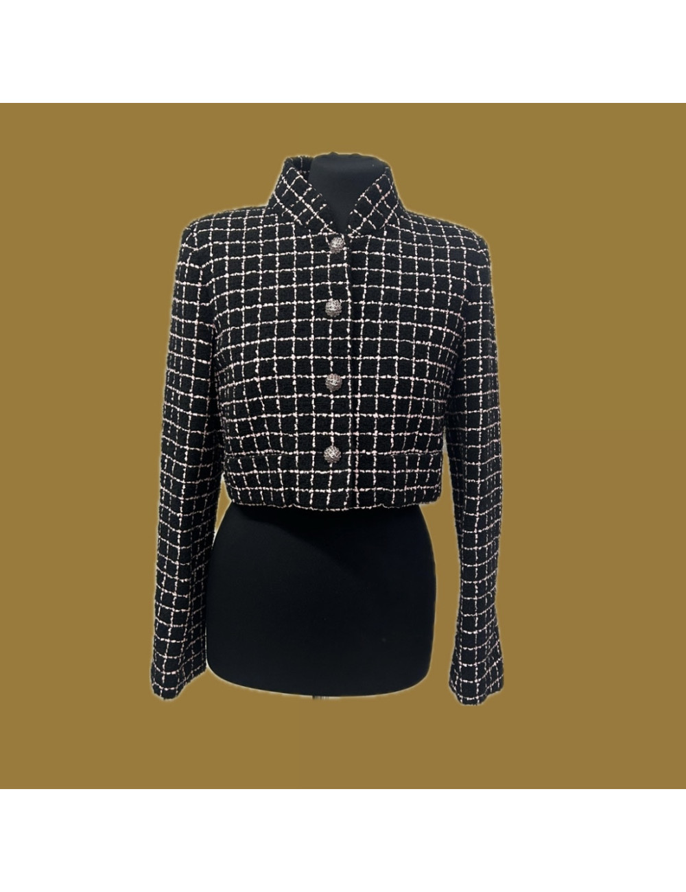 Veste courte CHANEL T 38 noire à carreaux rose
