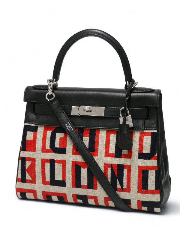 Kelly 28 toile de camp Hermès lettres au carré noir