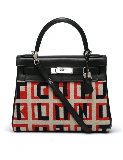 Kelly 28 toile de camp Hermès lettres au carré noir
