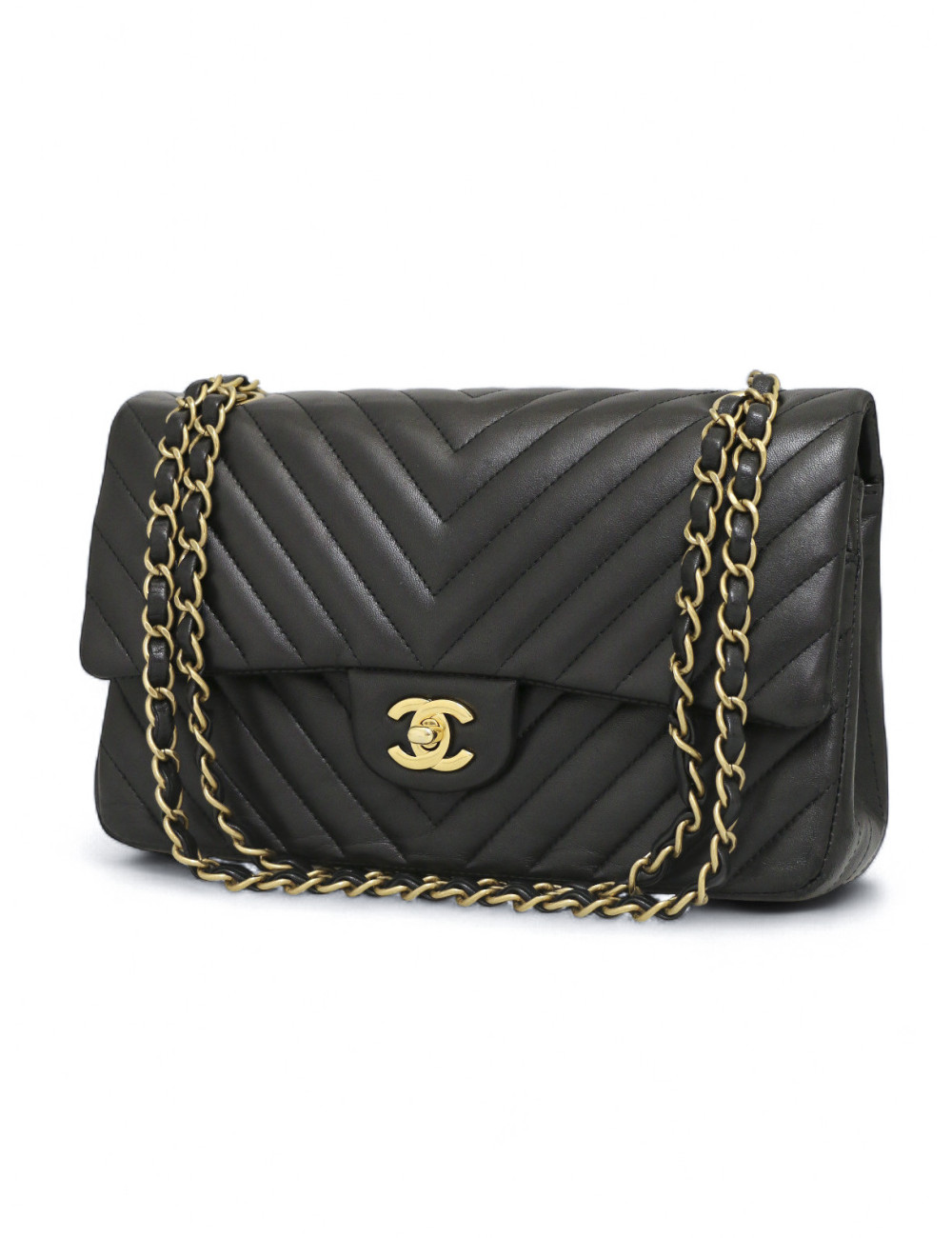 Sac classique double flap Chanel chevrons noir bijouterie dorée