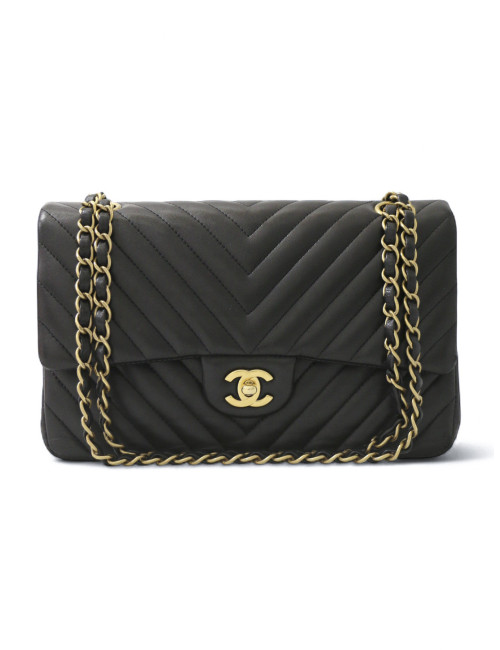 Sac classique double flap Chanel chevrons noir bijouterie dorée