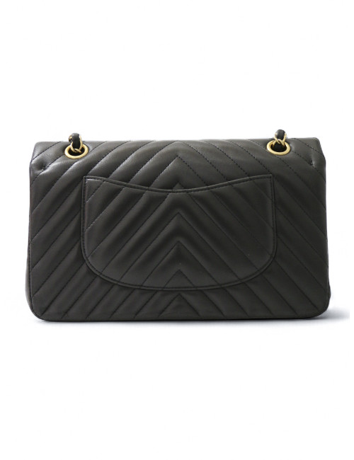 Sac classique double flap Chanel chevrons noir bijouterie dorée