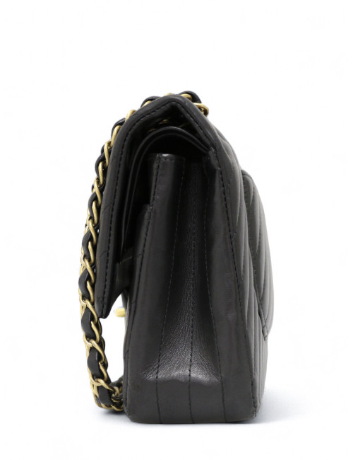 Sac classique double flap Chanel chevrons noir bijouterie dorée