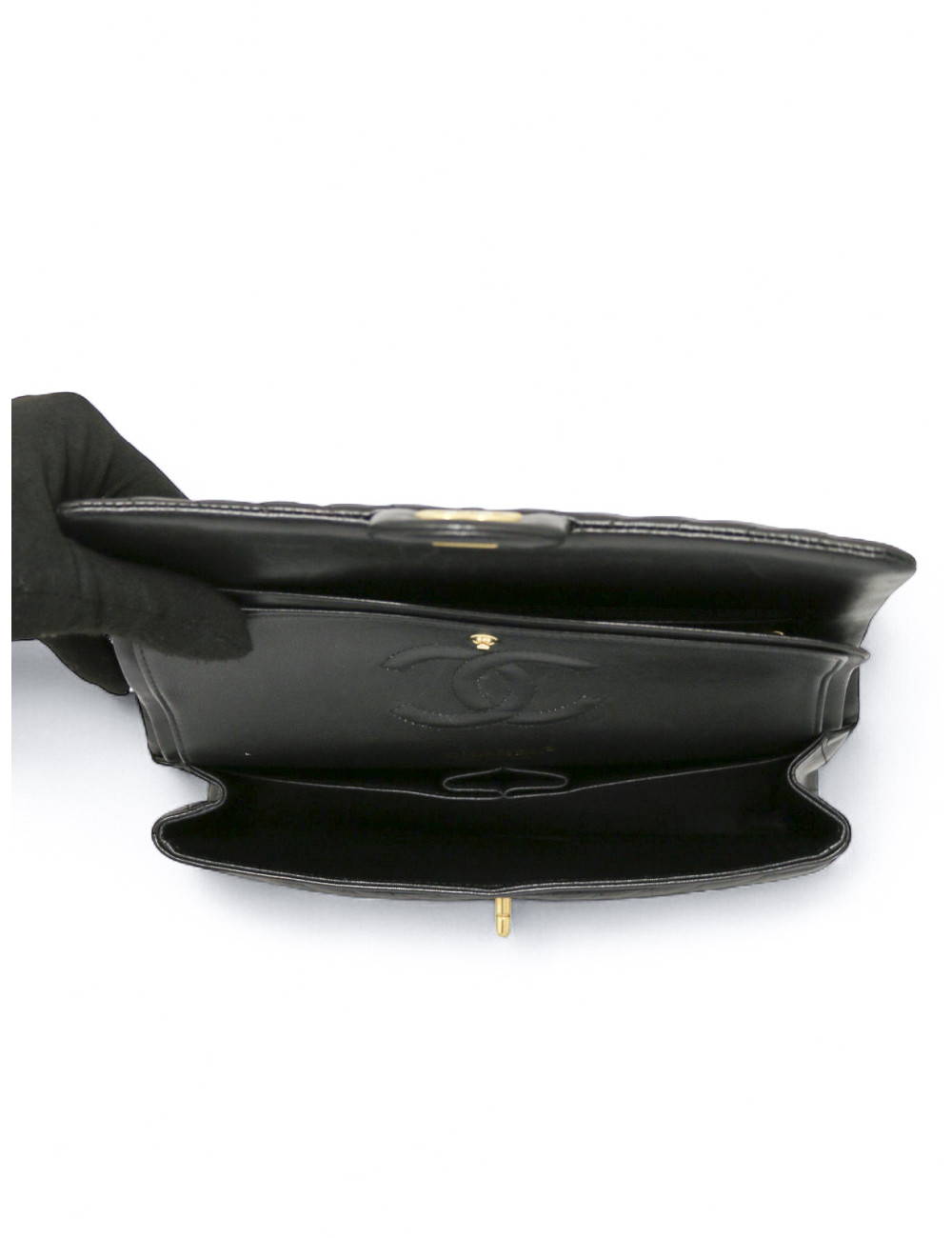 Sac classique double flap Chanel chevrons noir bijouterie dorée