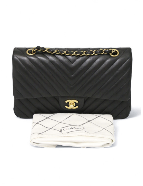 Sac classique double flap Chanel chevrons noir bijouterie dorée