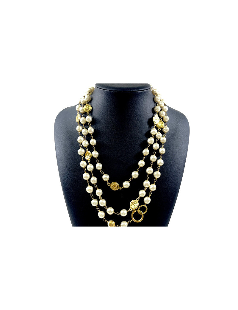 Long sautoir doré Chanel perles pâte de verre