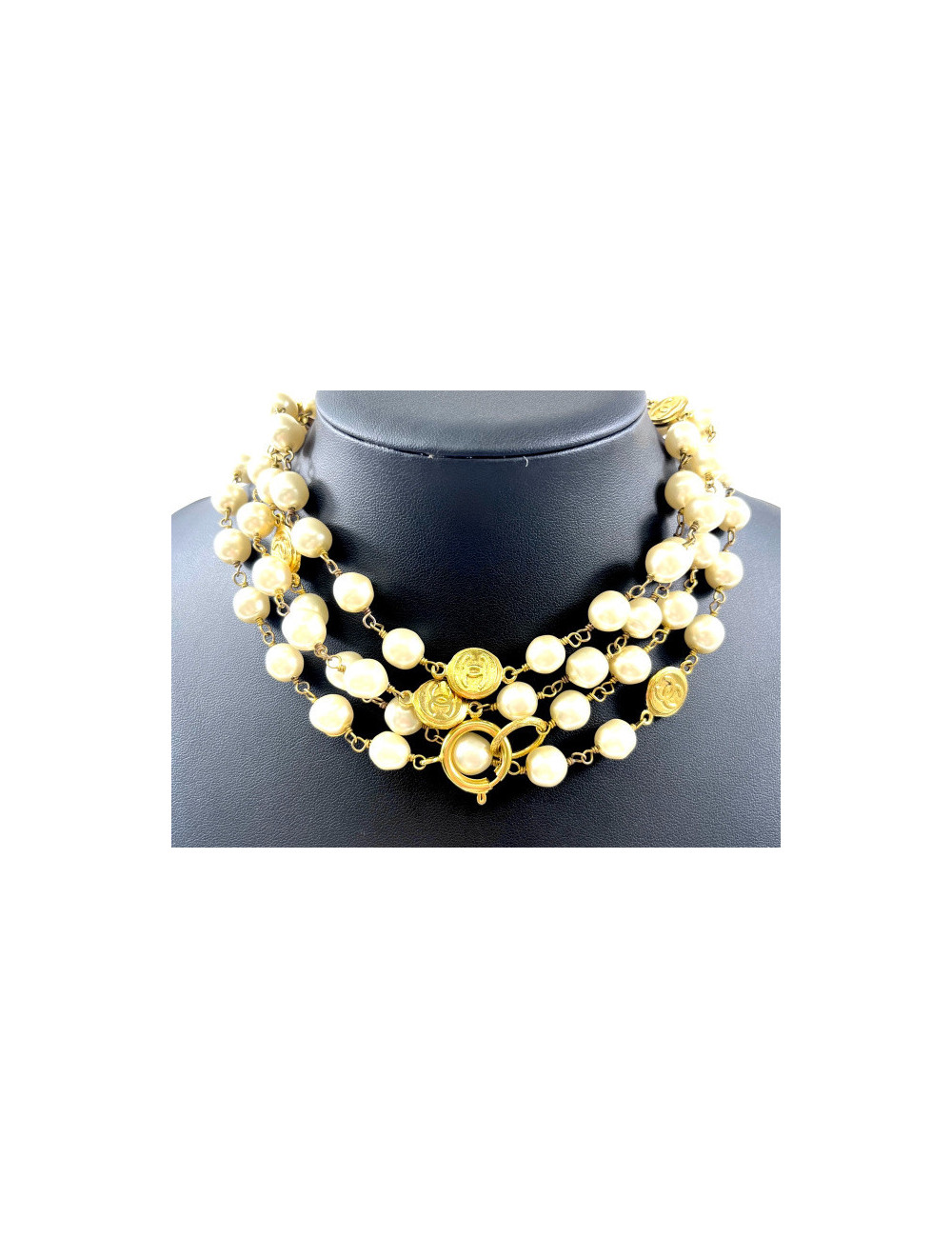 Long sautoir doré Chanel perles pâte de verre