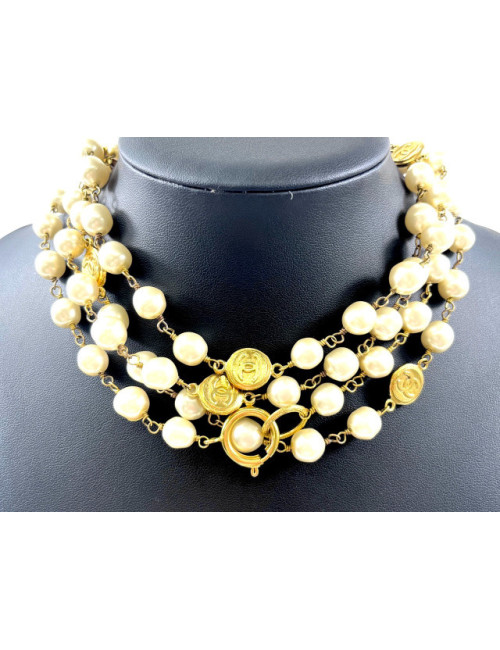 Long sautoir doré Chanel perles pâte de verre
