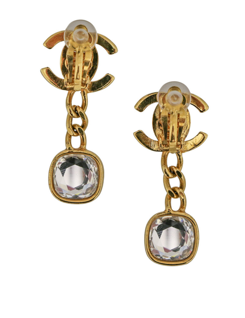 Boucles d'oreille Chanel turnlock pendantes dorées et strass