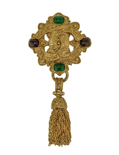 Broche Chanel vintage pâte de verre vert rouge