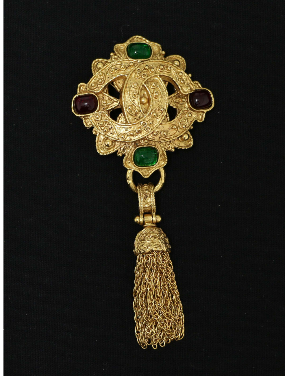 Broche Chanel vintage pâte de verre vert rouge