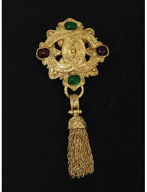 Broche Chanel vintage pâte de verre vert rouge