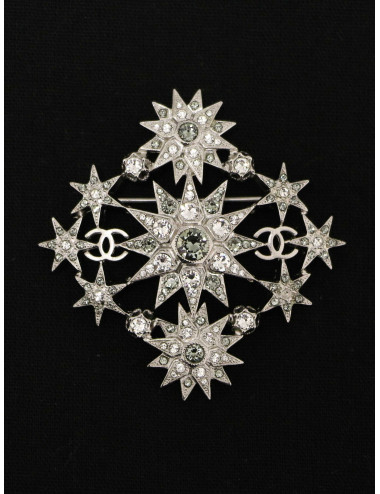 Chanel Starry Brooch Silver Metal and Crystals