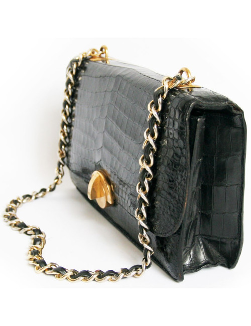 Sac HERMES vintage en crocodile porosus noir