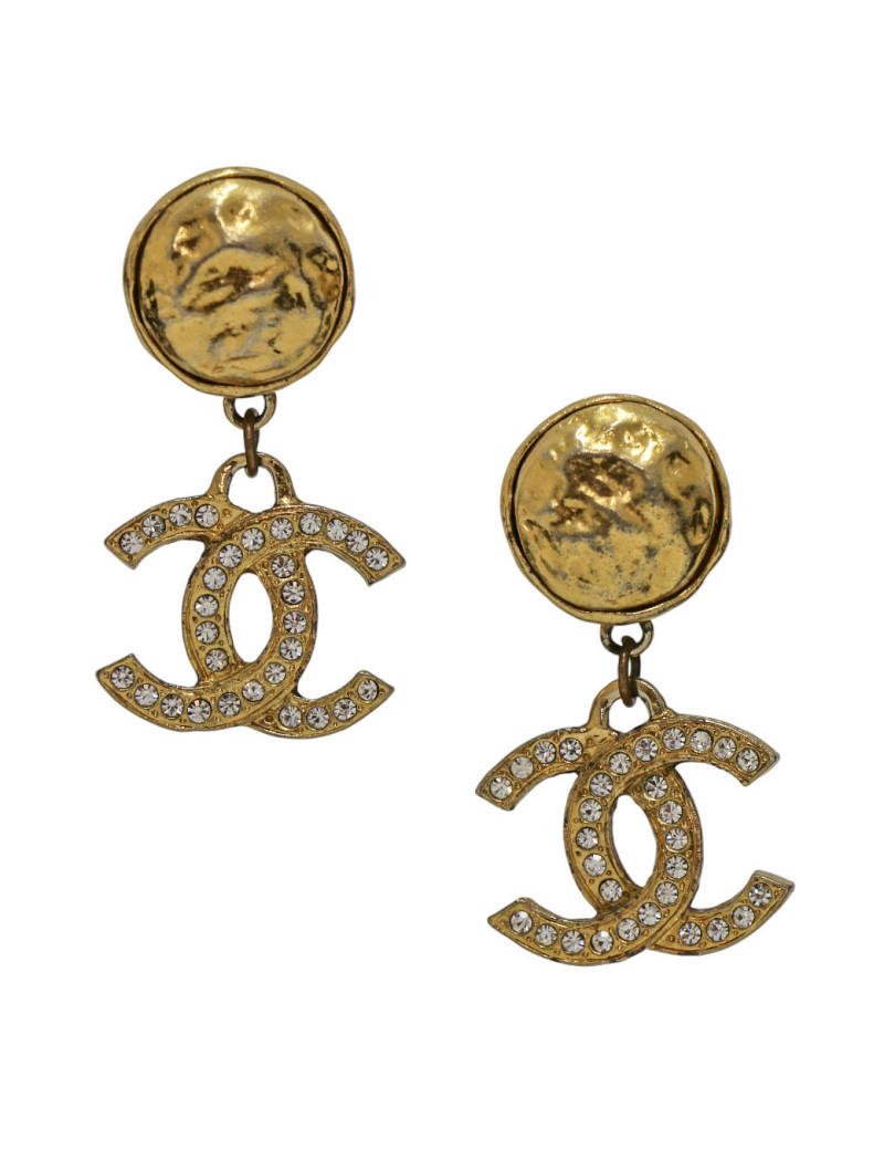 Boucles d'oreille dorée et strass pendantes Chanel