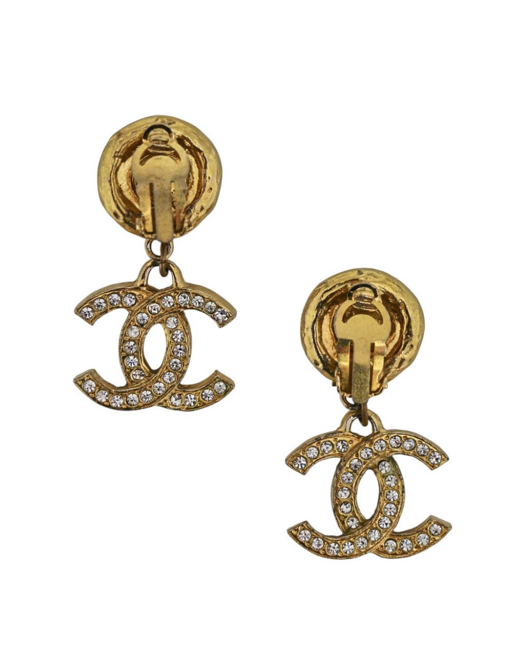 Boucles d'oreille dorée et strass pendantes Chanel
