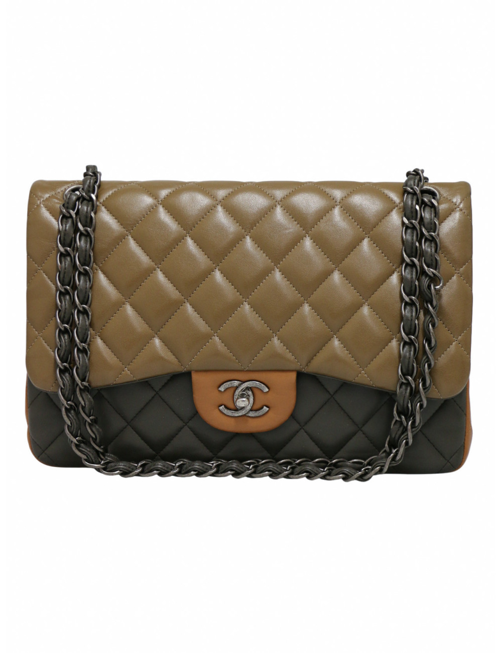 Sac Jumbo tricolore Chanel marron bijouterie argent
