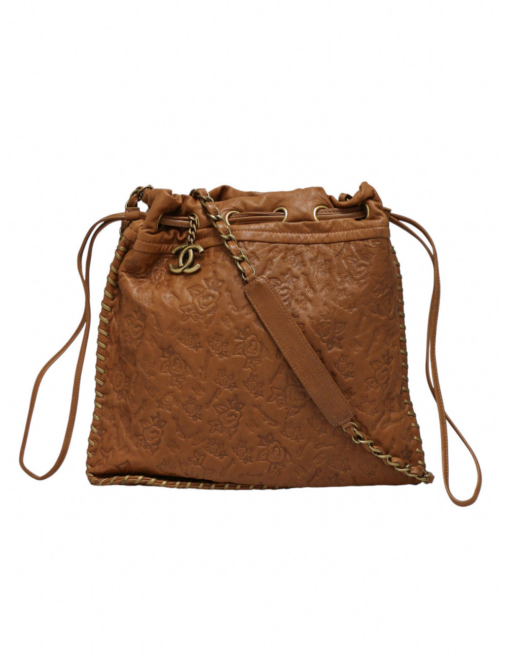 Sac Hobo CHANEL cuir embossé de camélias cognac