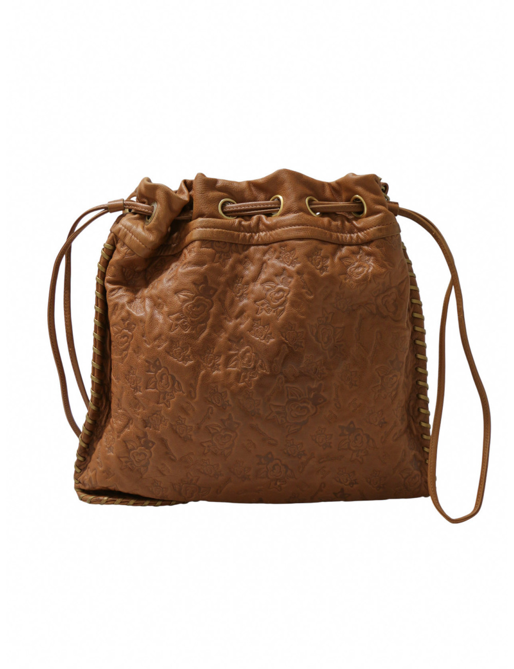 Sac Hobo CHANEL cuir embossé de camélias cognac