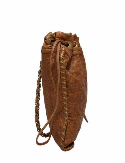 Sac Hobo CHANEL cuir embossé de camélias cognac