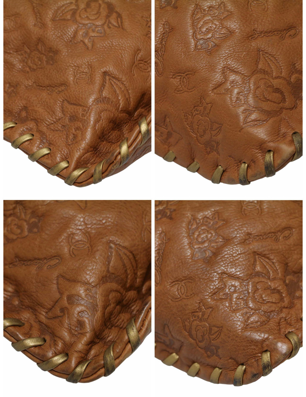 Sac Hobo CHANEL cuir embossé de camélias cognac