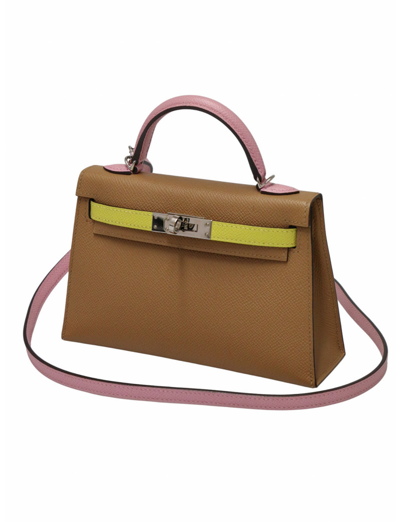 Sac Hermès Mini Kelly tricolore Chai, Mauve Sylevestre et Lime cuir epsom