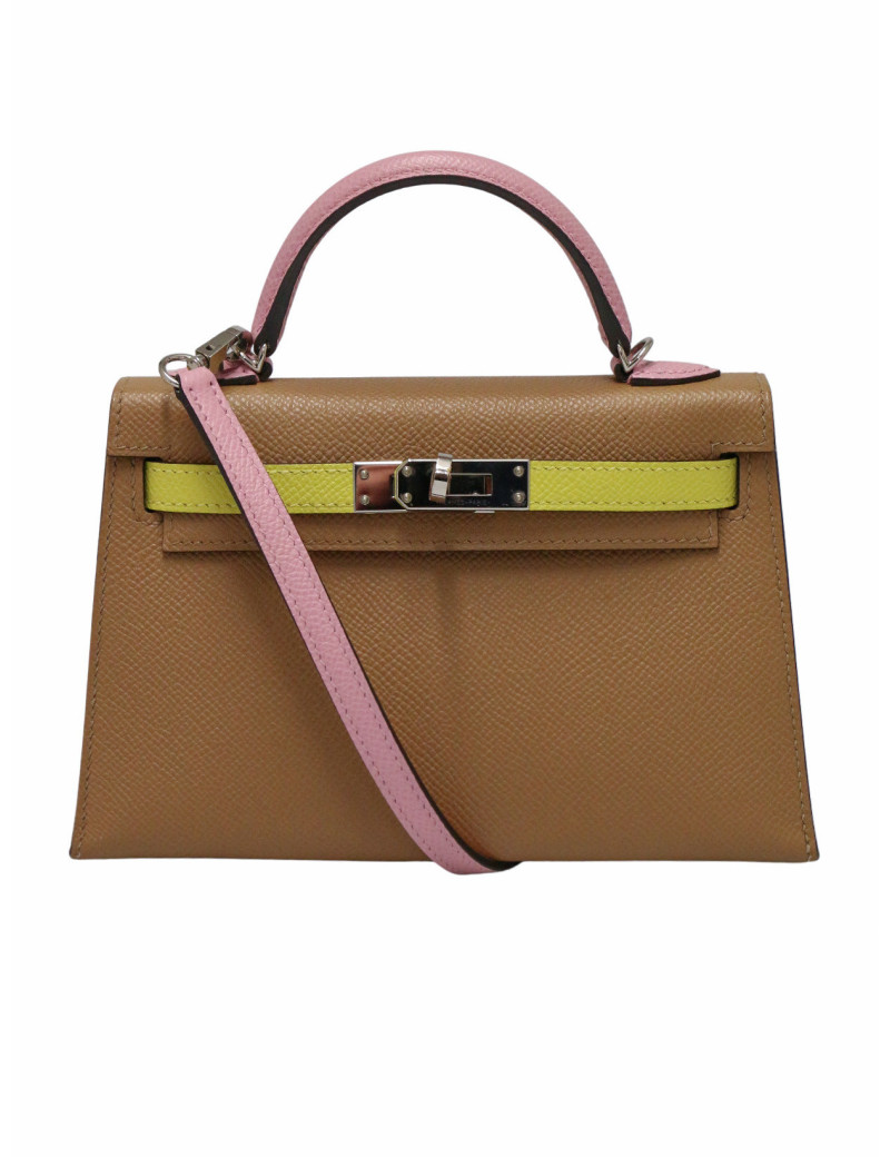 Sac Hermès Mini Kelly tricolore Chai, Mauve Sylevestre et Lime cuir epsom