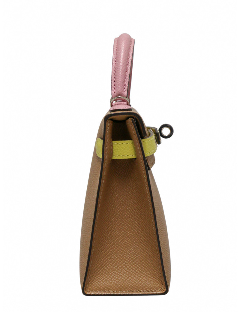 Sac Hermès Mini Kelly tricolore Chai, Mauve Sylevestre et Lime cuir epsom