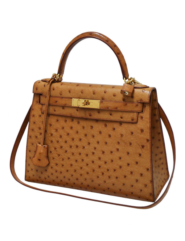 Sac Hermès Kelly 28 sellier autruche gold