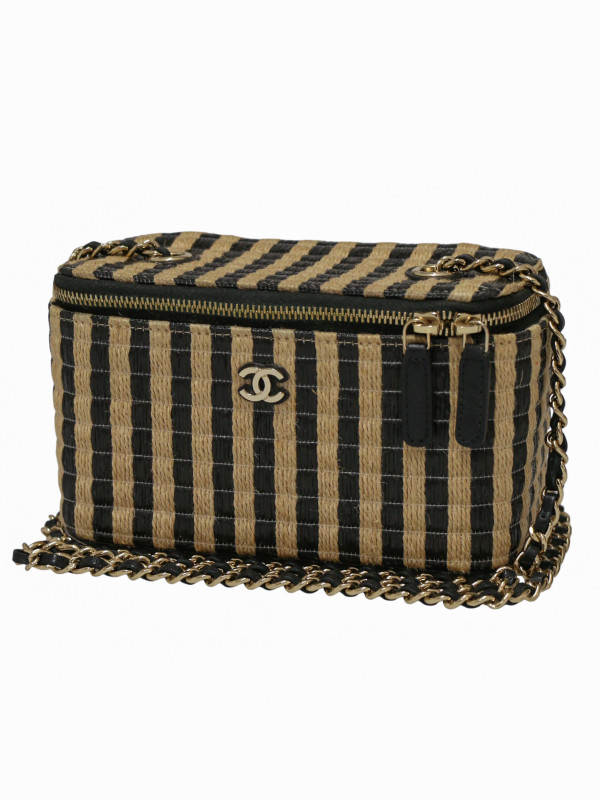Mini sac Vanity Chanel rafia rayé beige noir