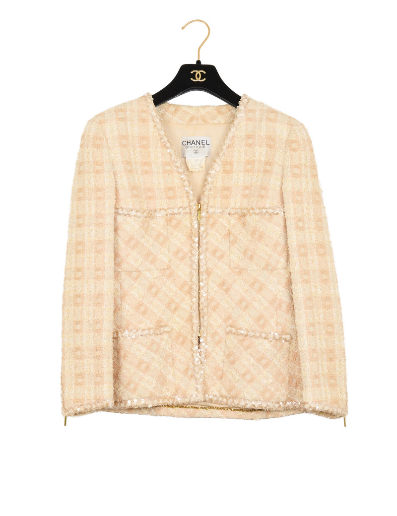 Tailleur CHANEL T 42 tweed écru fils d'or sequins