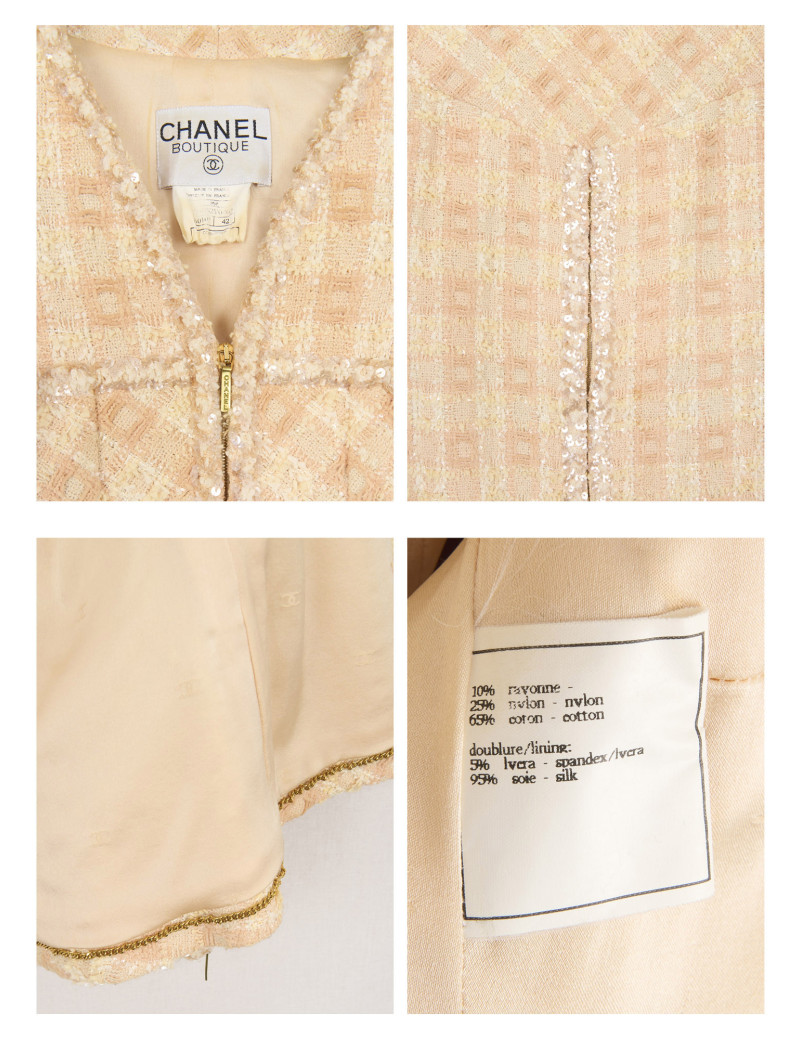 Tailleur CHANEL T 42 tweed écru fils d'or sequins
