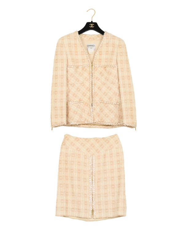 Tailleur CHANEL T 42 tweed écru fils d'or sequins